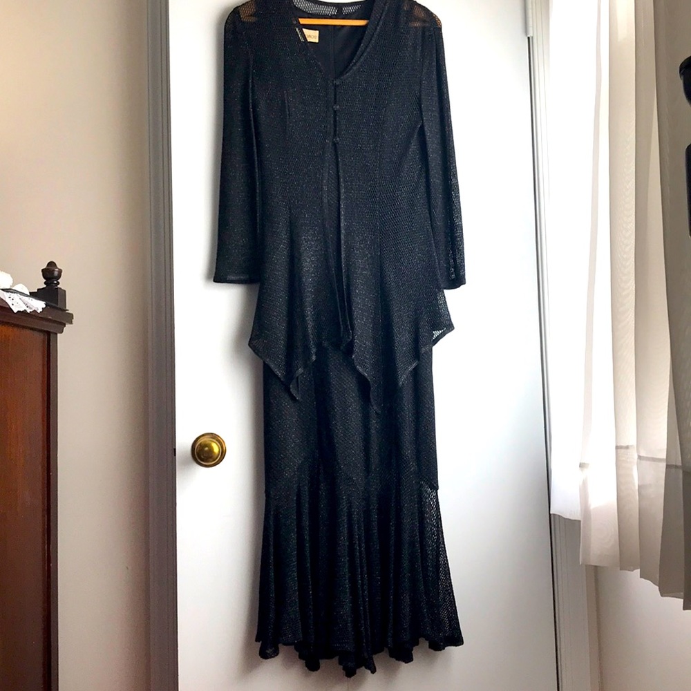 Vintage Mermaid Evening Dress solid fishnet weave Black Sparkle sz S-M